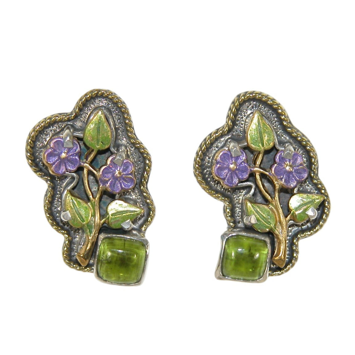 33279C Vesuvianite Enamel Flower Sterling Silver Earrings