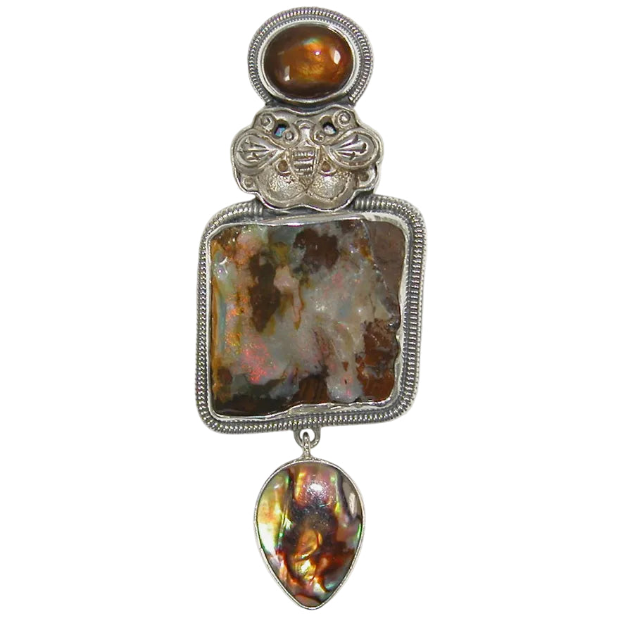 33306 Antique Silver Moth, Mexican Fire Opal Sterling Silver Pin / Pendant