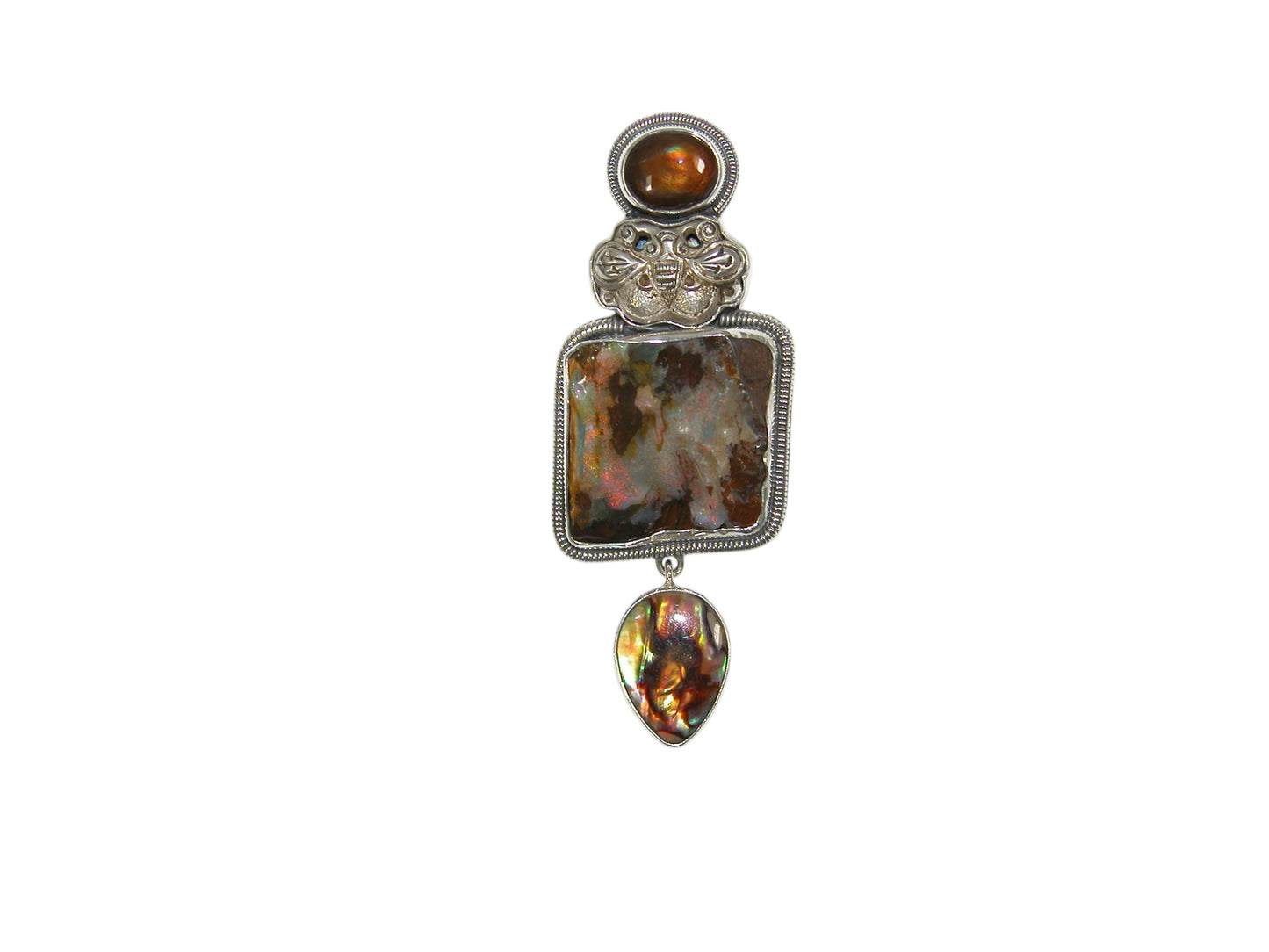 33306 Boulder Opal, Abalone, Freshwater Pearl Sterling Silver Pin and Pendant
