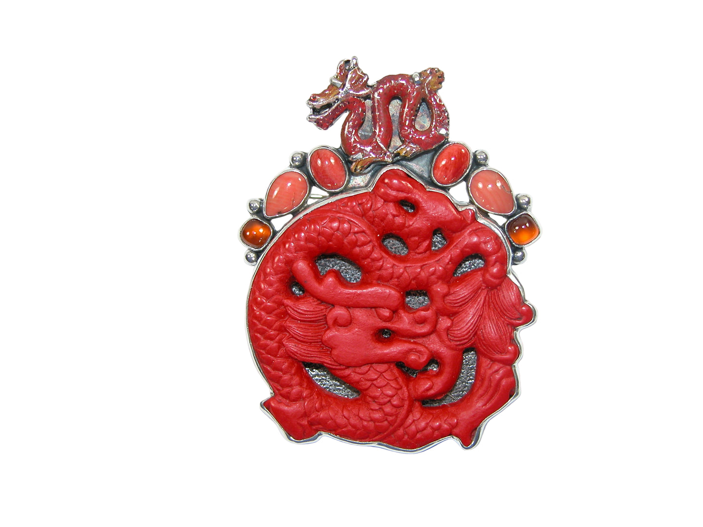 34237 Carved Dragon Cinnabar, Coral, Sterling Silver Pin / Pendant