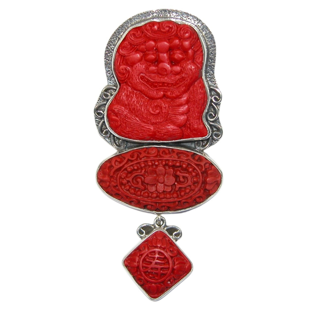 33310 Hand Carved Cinnabar Zen Sterling Silver Pin and Pendant