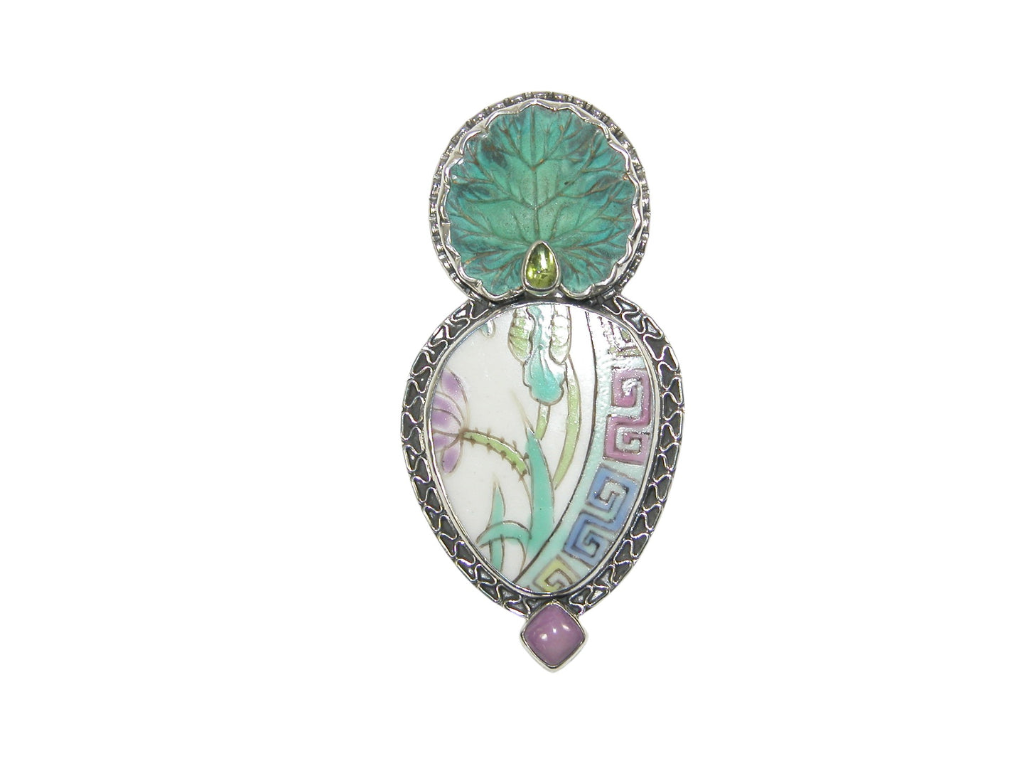 33317 Antique Porcelain, Peridot, Phosphosiderite, Sterling Silver Pin and Pendant