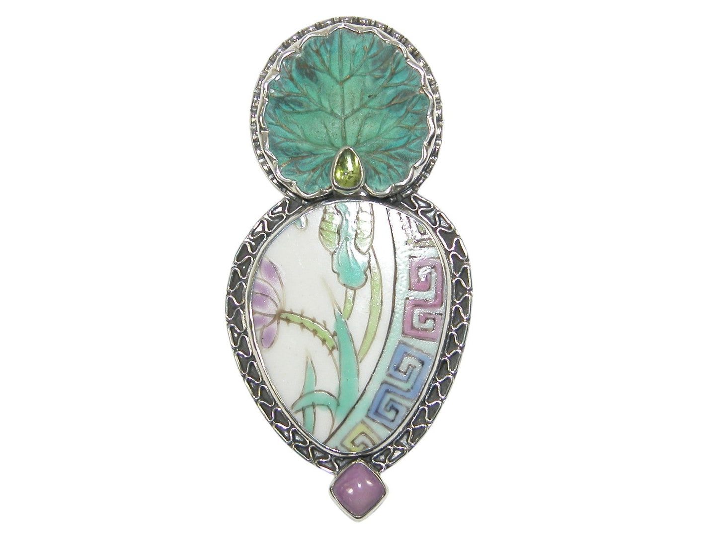 33317 Antique Porcelain, Peridot, Phosphosiderite, Sterling Silver Pin and Pendant