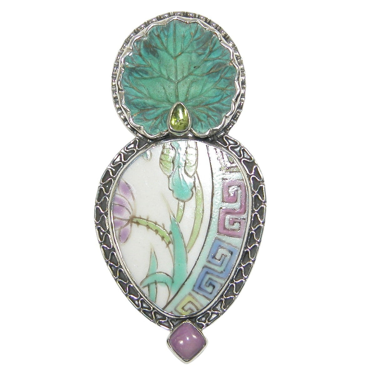 33317 Antique Porcelain, Peridot, Phosphosiderite, Sterling Silver Pin and Pendant