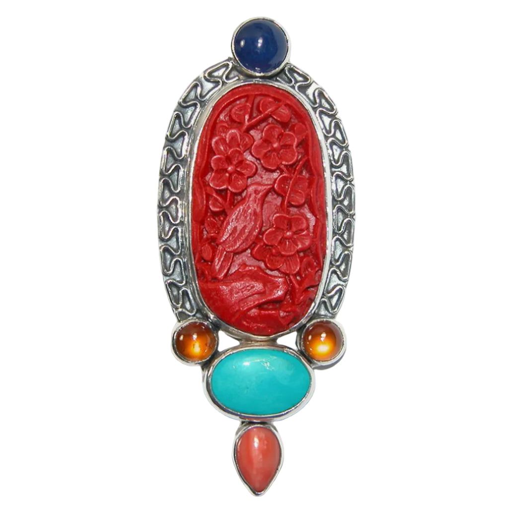 33324 Hand Carved Cinnabar Bird, Turquoise, Sterling Silver Pin and Pendant