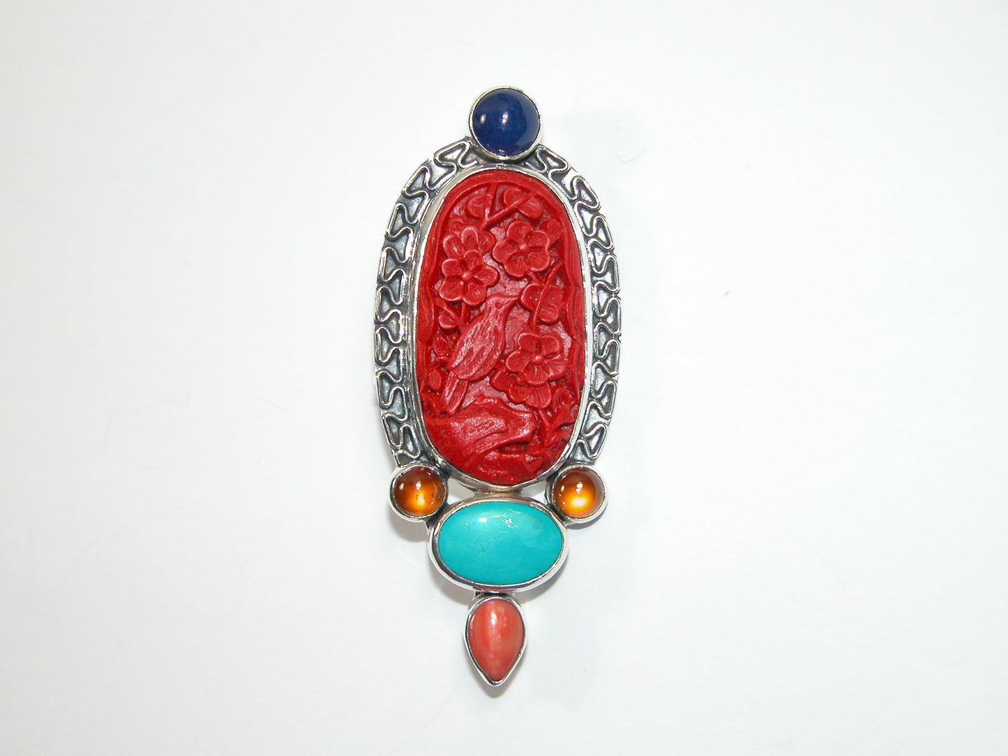 33324 Hand Carved Cinnabar Bird, Turquoise, Sterling Silver Pin and Pendant