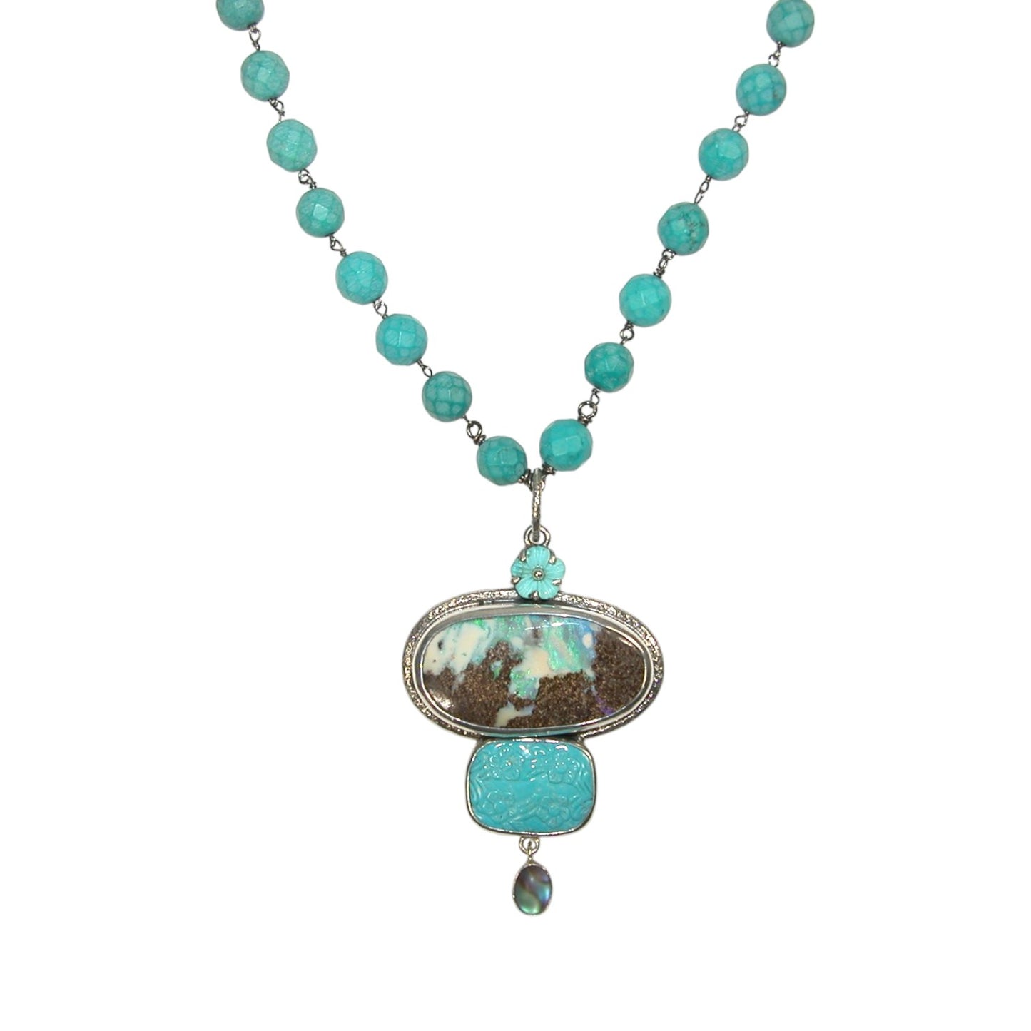 33331 Boulder Opal, Turquoise Beaded Sterling Silver Necklace