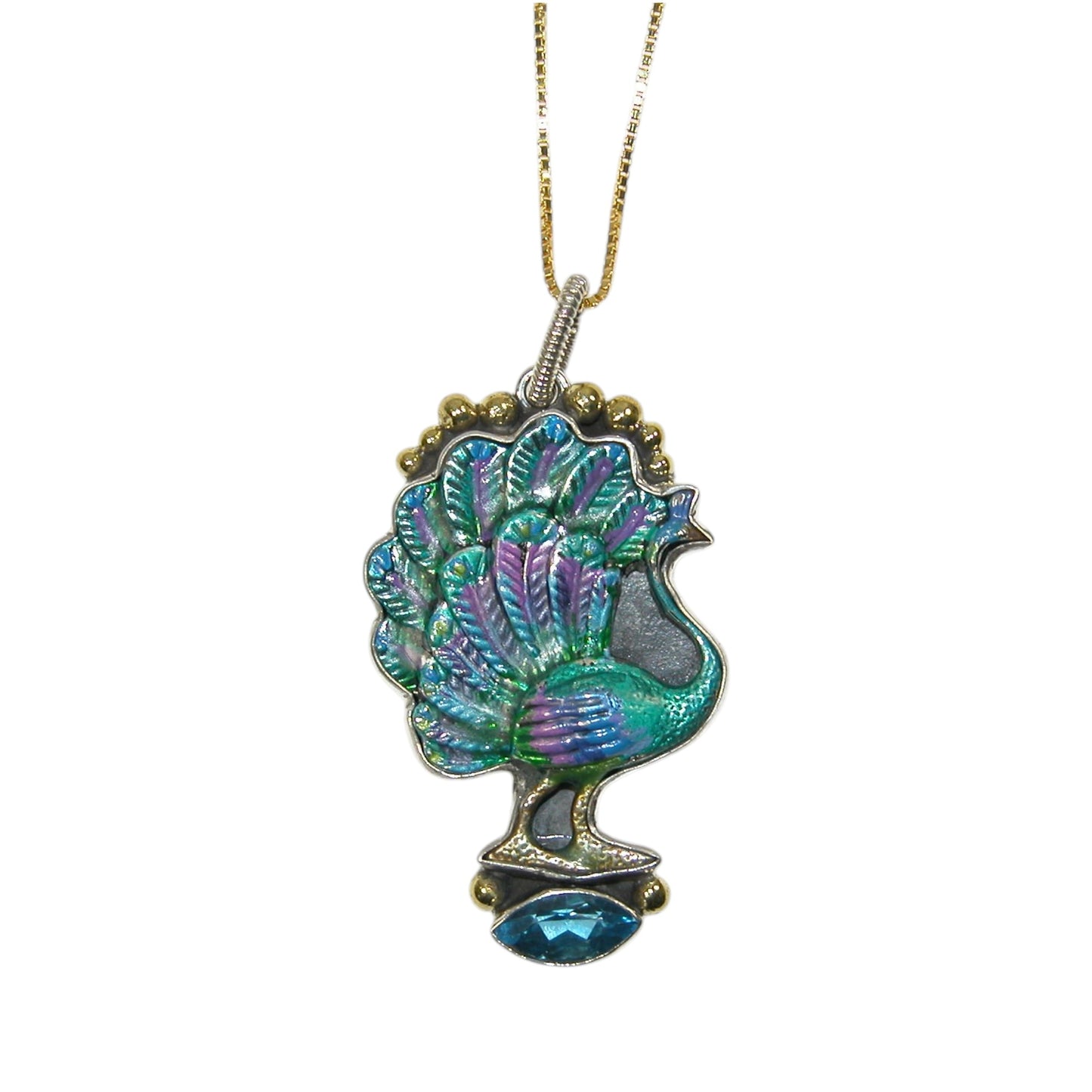 33346 Hand Enamel Peacock, Blue Topaz Sterling Silver Necklace