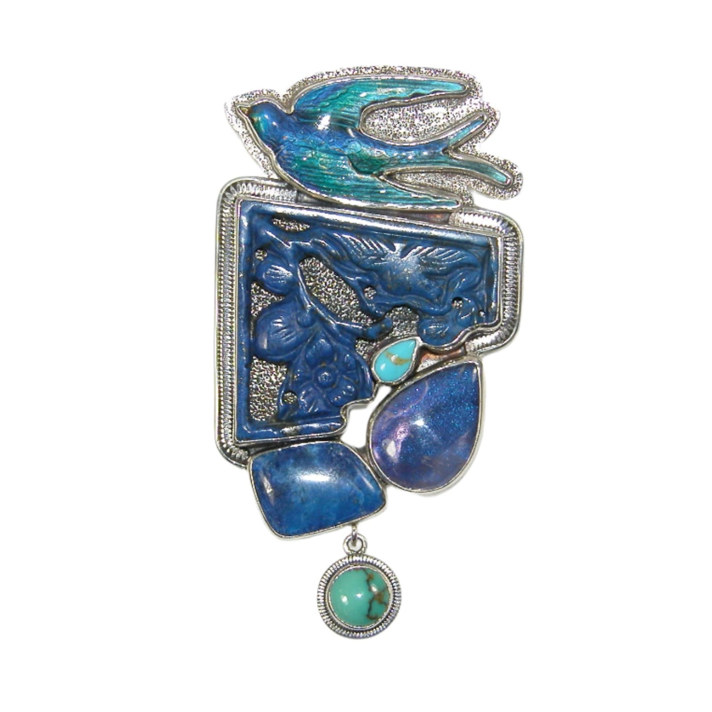 33348 Carved Blue Lapis Hand Enameled Bird Sterling Silver Pin and Pendant