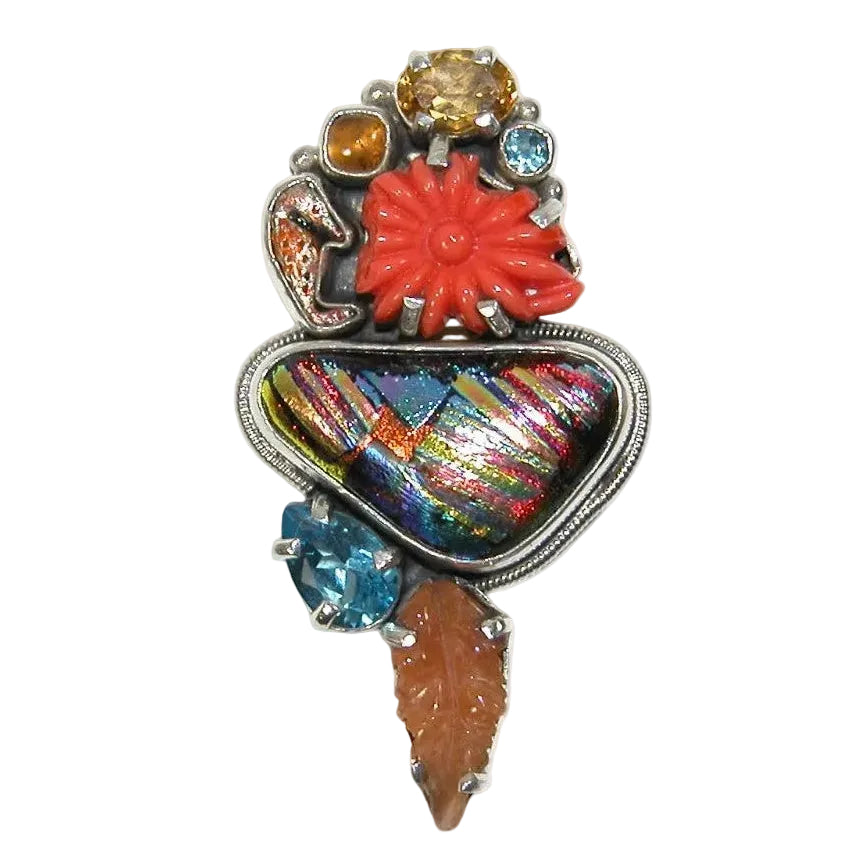 33350 Dichroic Glass, Hessonite, Citrine, Blue Topaz Sterling Silver Pin Pendant