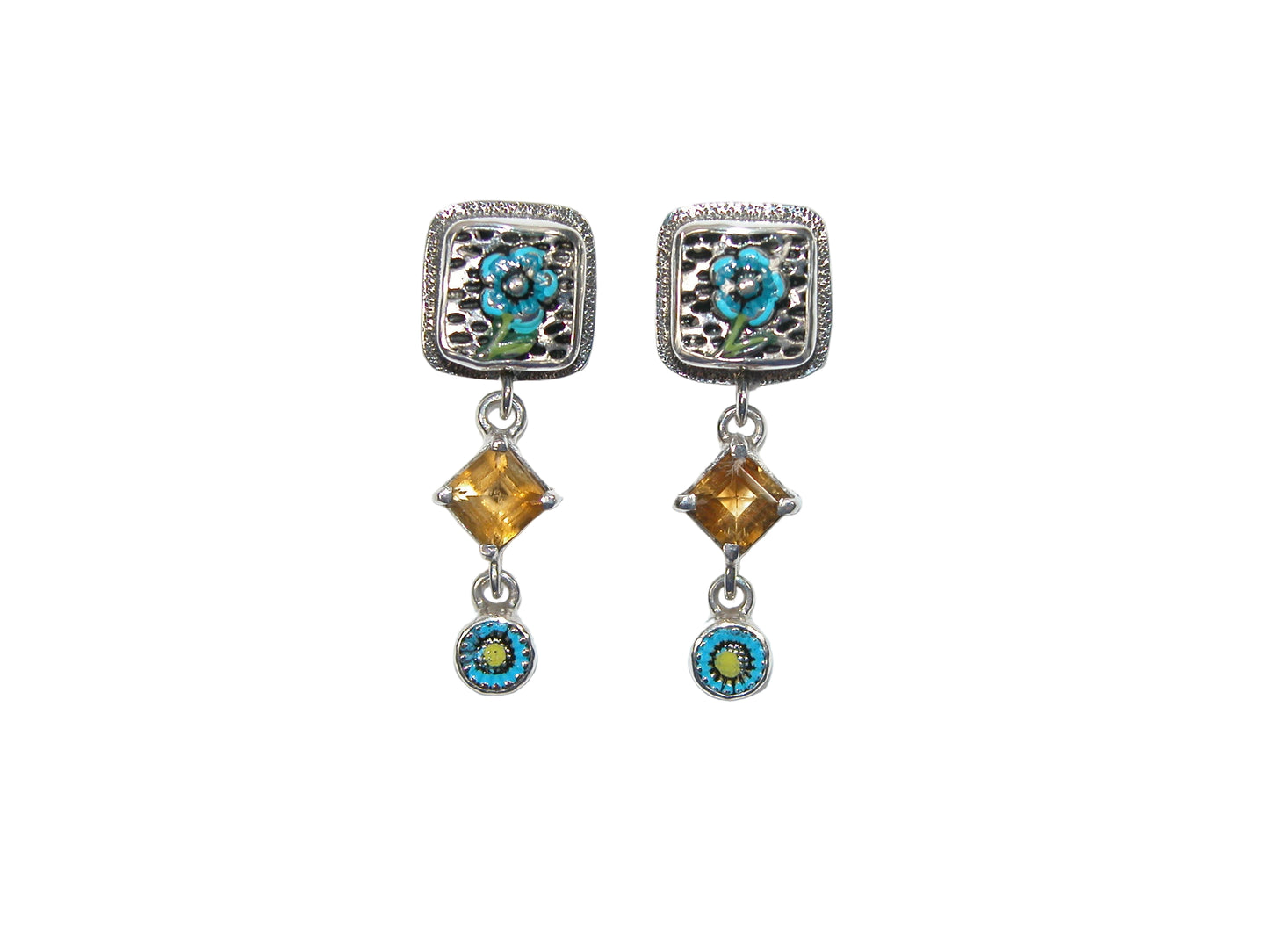 33358 Hand Enameled Flower, Citrine, Sterling Silver Earrings