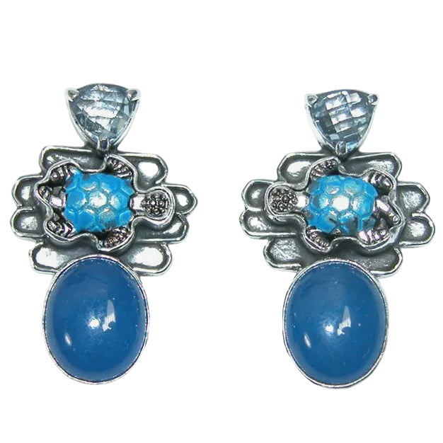 33375 Blue Topaz, Blue Quartz, Turtle Sterling Silver Earrings