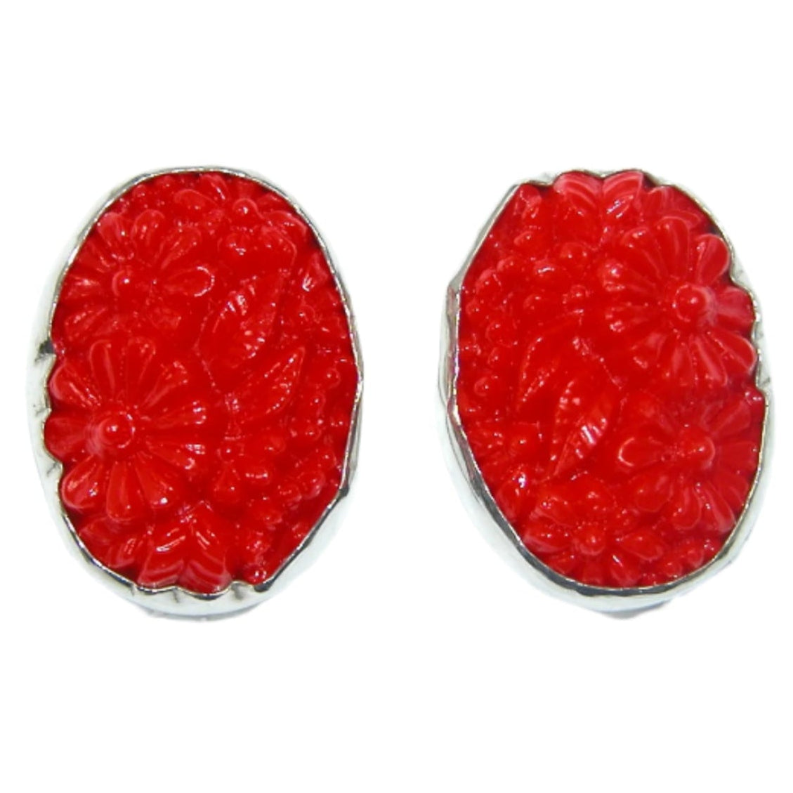 33379 Red Carved Vintage Glass Sterling Silver Earrings