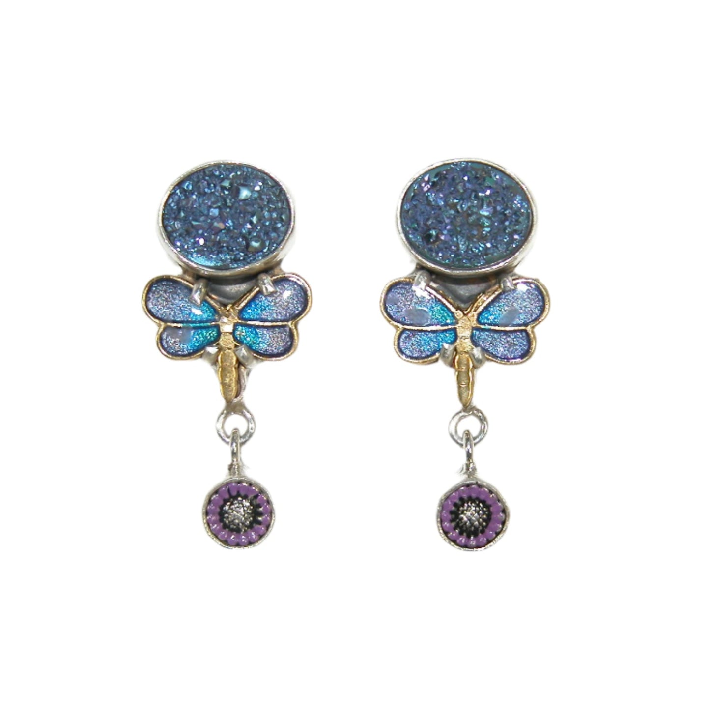 33384L Butterfly Druzy Enameled Sterling Silver Dangle Earrings
