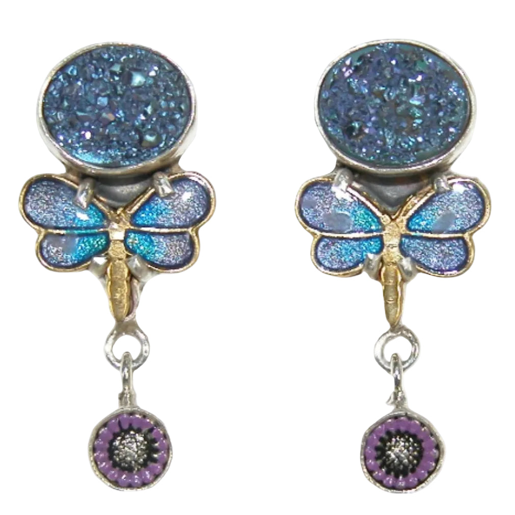33384L Butterfly Druzy Enameled Sterling Silver Dangle Earrings