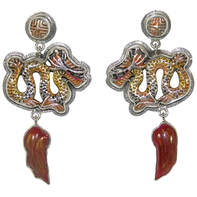 33385 Hand Enameling Dragon Sterling Silver Earrings
