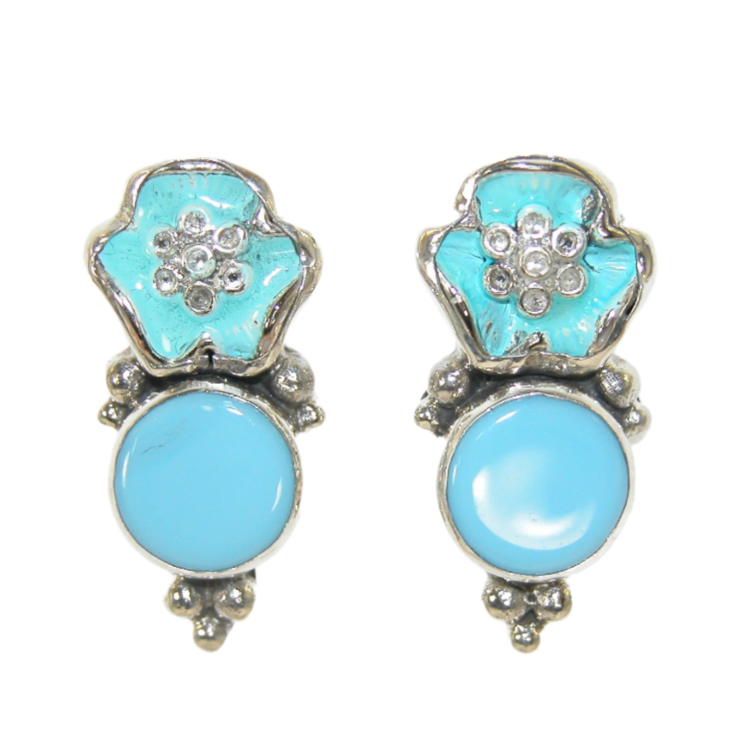 33407 Hand Enameled Blue Floral Sterling Silver Earrings