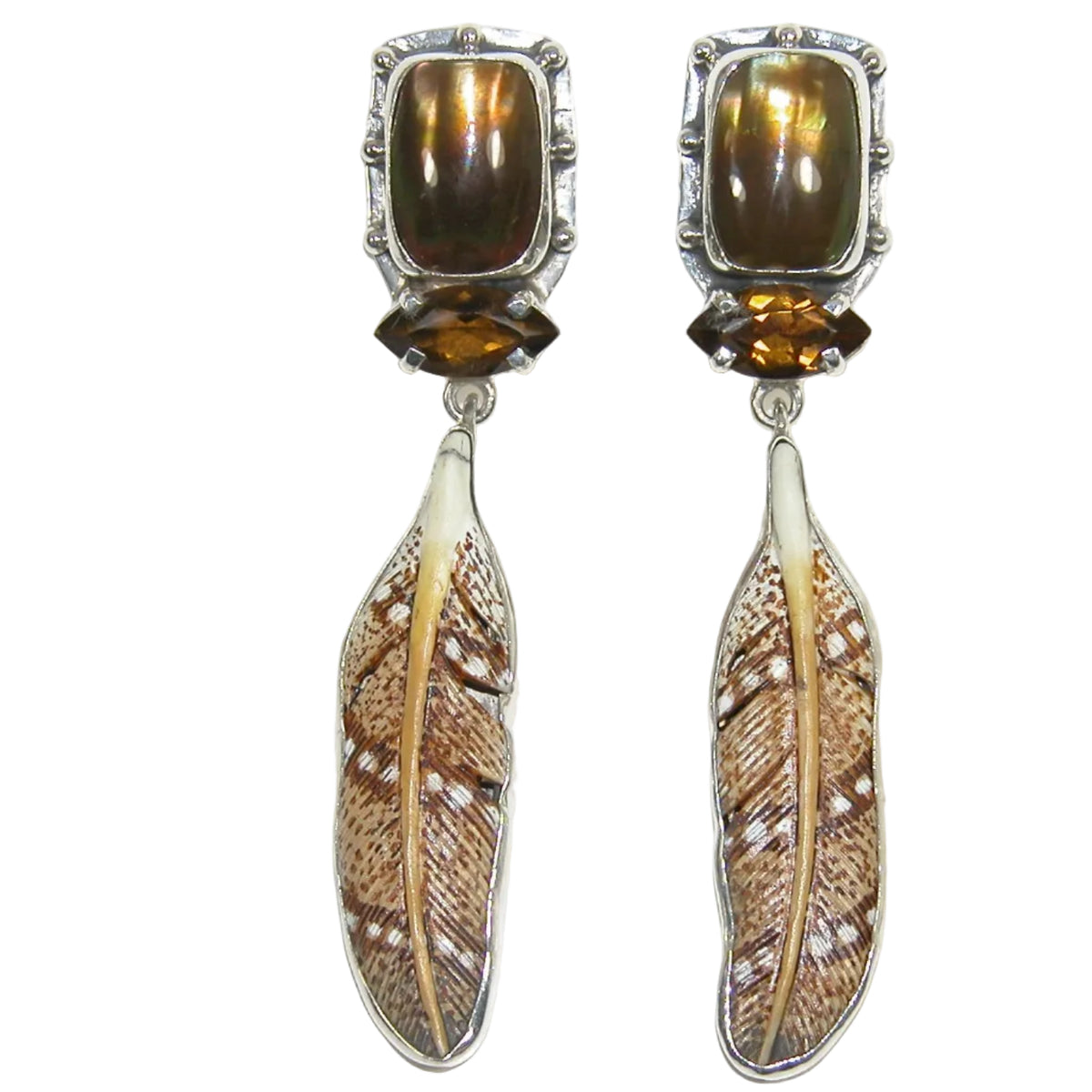 33412 Hand Painted Scrimshaw, Whisky Topaz, Mabe Pearl, Sterling Silver Earrings