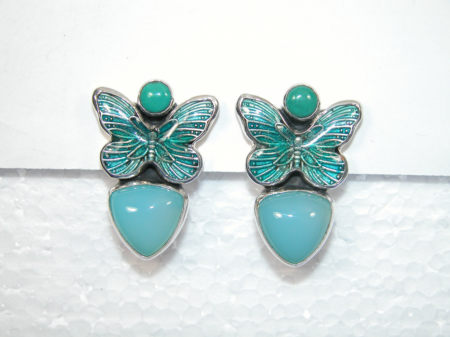 33414 Hand Enameled Butterfly, Quartz, Turquoise Sterling Silver Earrings