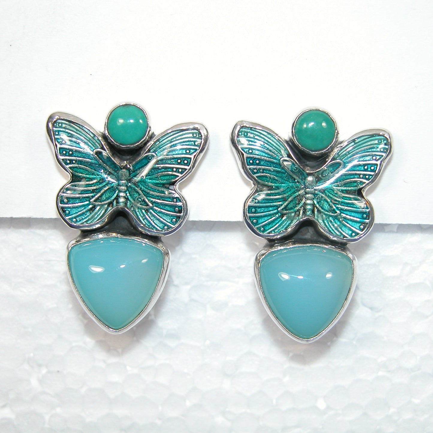 33414 Hand Enameled Butterfly, Quartz, Turquoise Sterling Silver Earrings