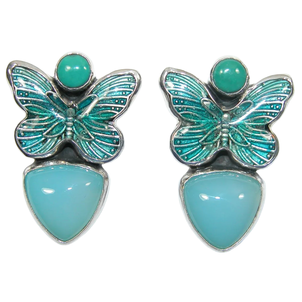 33414 Hand Enameled Butterfly, Quartz, Turquoise Sterling Silver Earrings