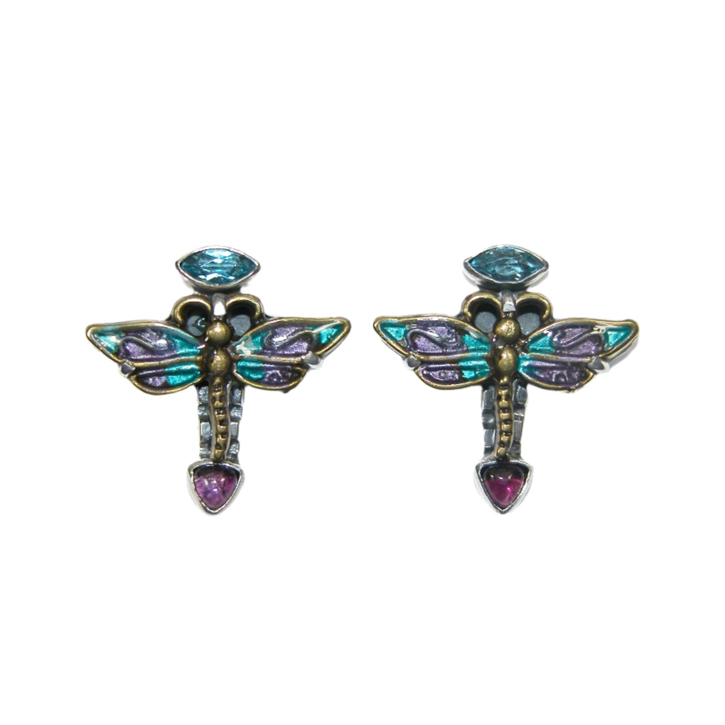 33425B Blue Topaz and Amethyst Dragonfly Hand Enamel Sterling Silver Stud Earrings