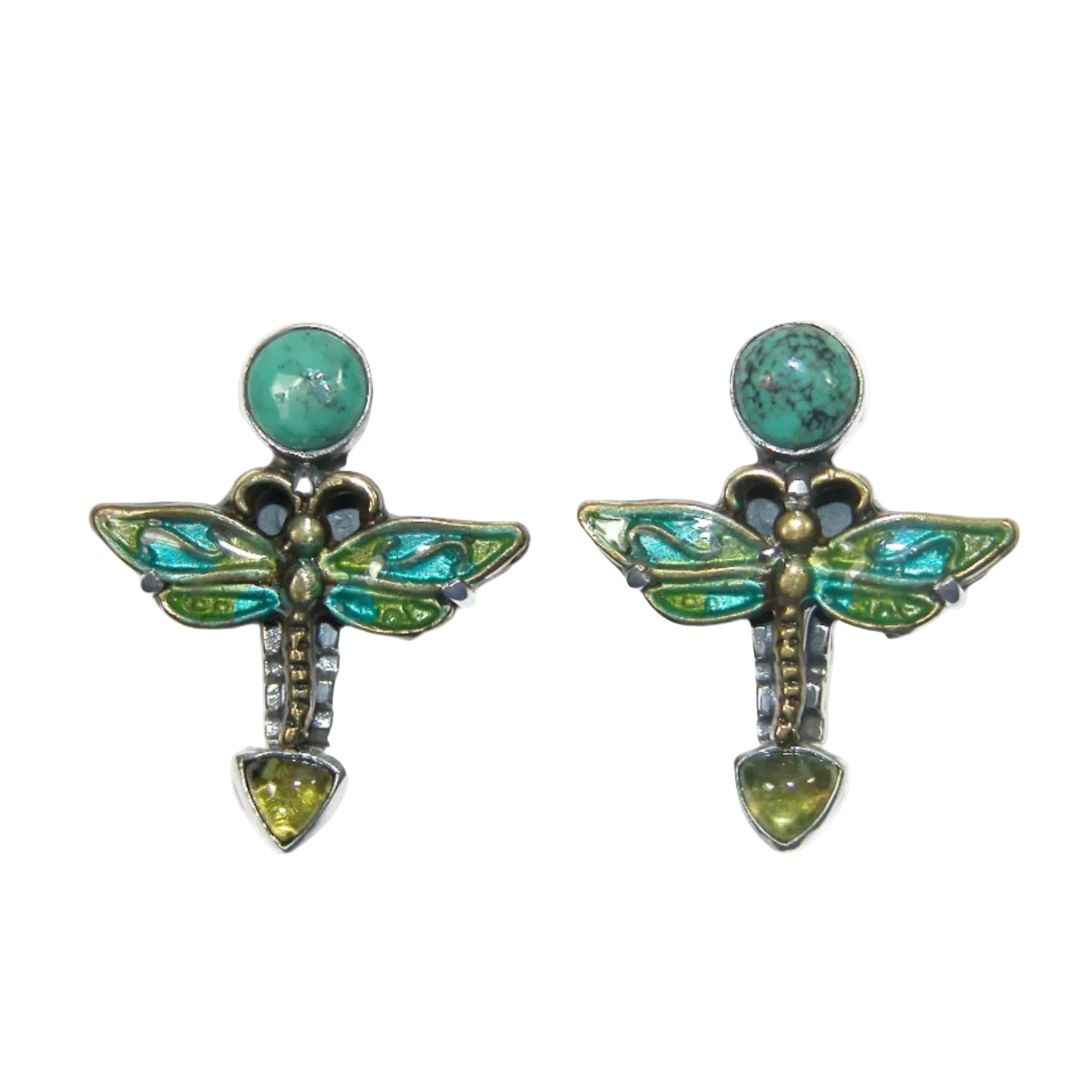 33425A Enamel Dragonfly, Turquoise, Vesuvianite, Sterling Silver Earrings