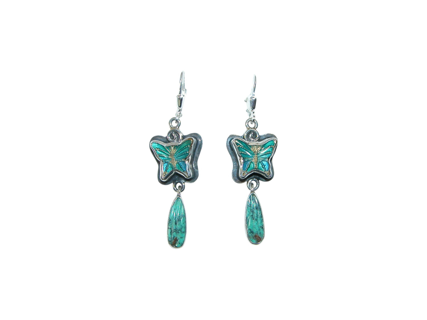 33440L Hand Enamel Butterfly, Carved Turquoise, Sterling Silver Earrings
