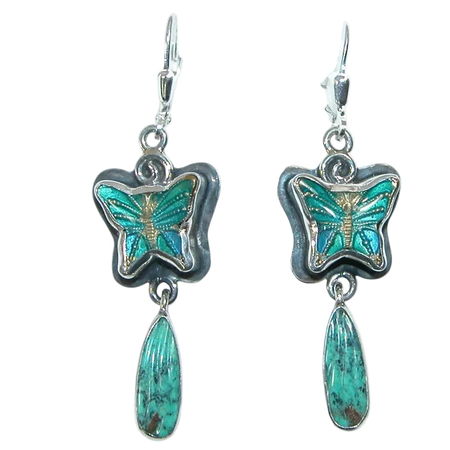 33440L Hand Enamel Butterfly, Carved Turquoise, Sterling Silver Earrings