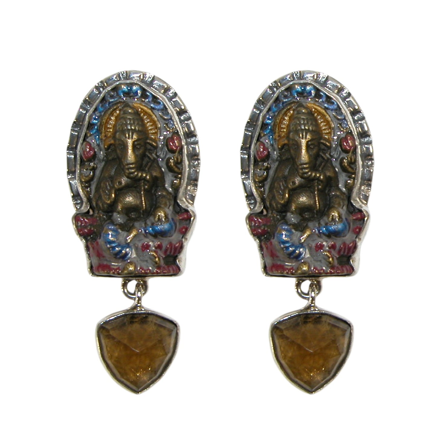 33445B Ganesha Cognac Quartz Sterling Silver Earrings