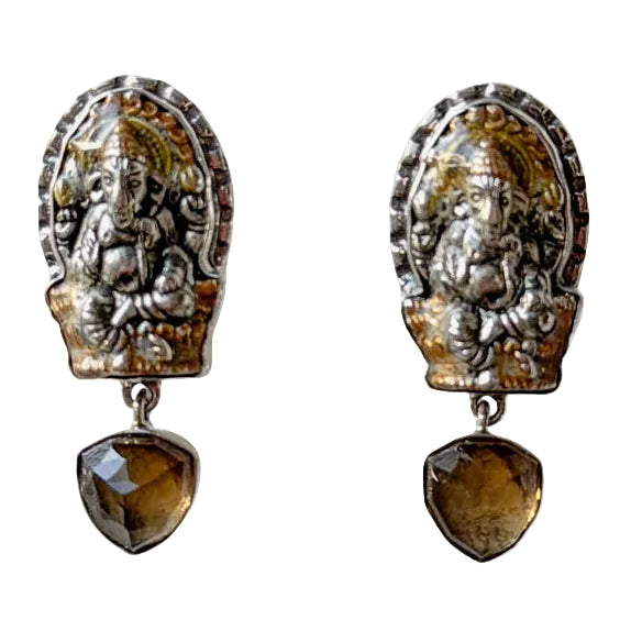 33445B Hand-Enameled Ganesh, Whiskey Topaz Sterling Silver Earrings