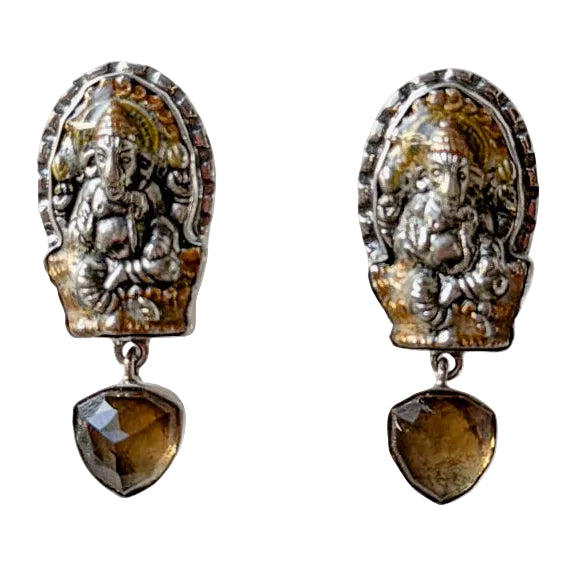 33445A Hand-Enameled Ganesh, Blue Quartz Sterling Silver Earrings