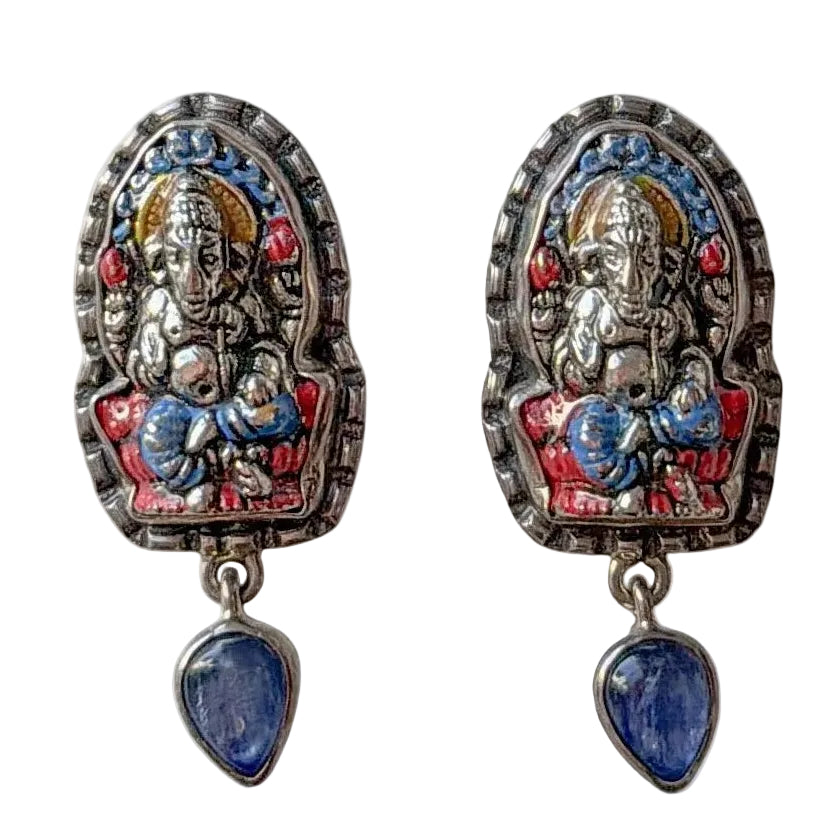 33445 Hand-Enameled Ganesh, Kyanite Sterling Silver Earrings