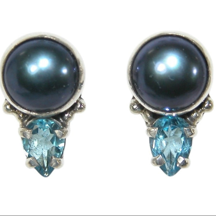 33451 Freshwater Pearl, Blue Topaz Sterling Silver Earrings
