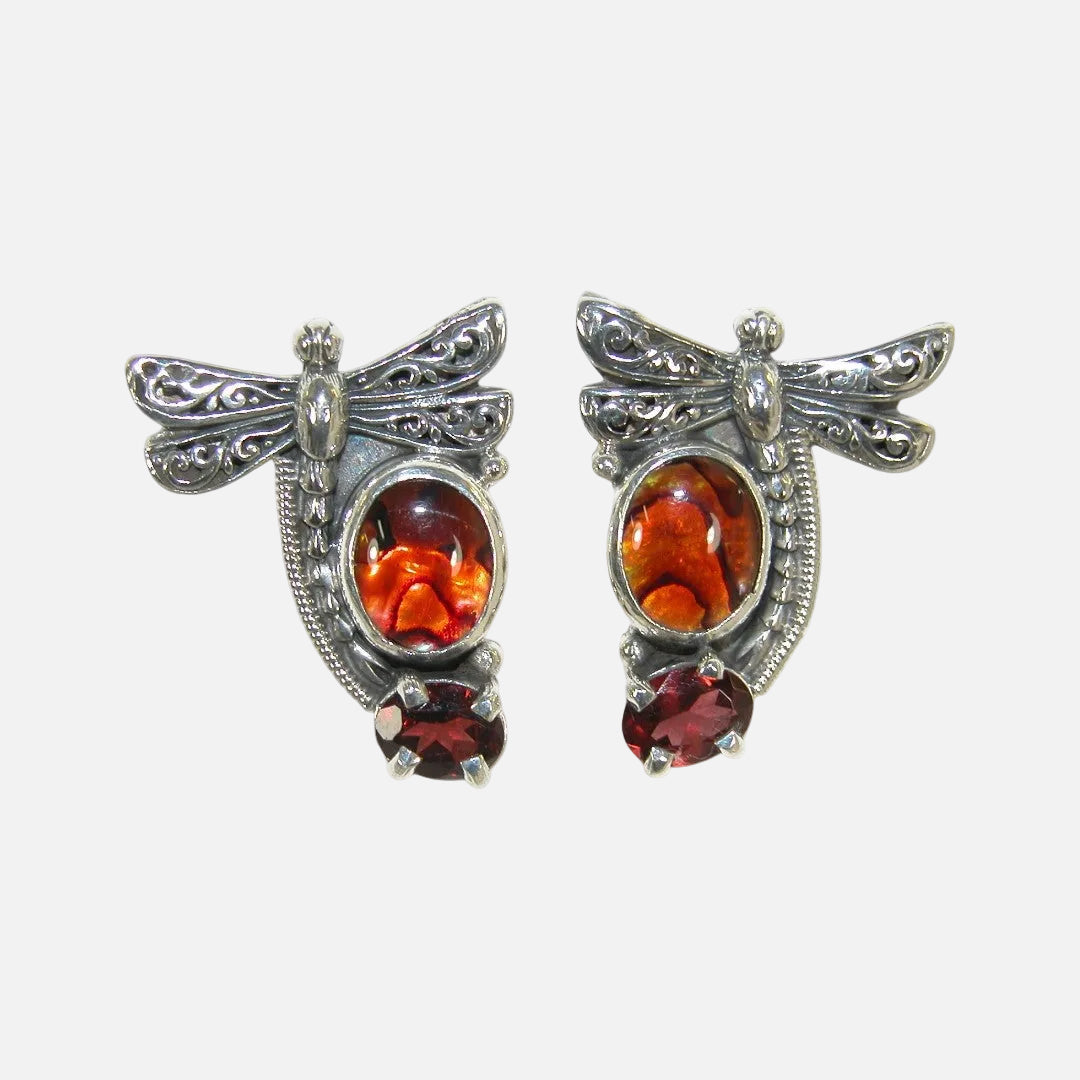 33466A Abalone, Garnet, Dragonfly Sterling Silver Earrings