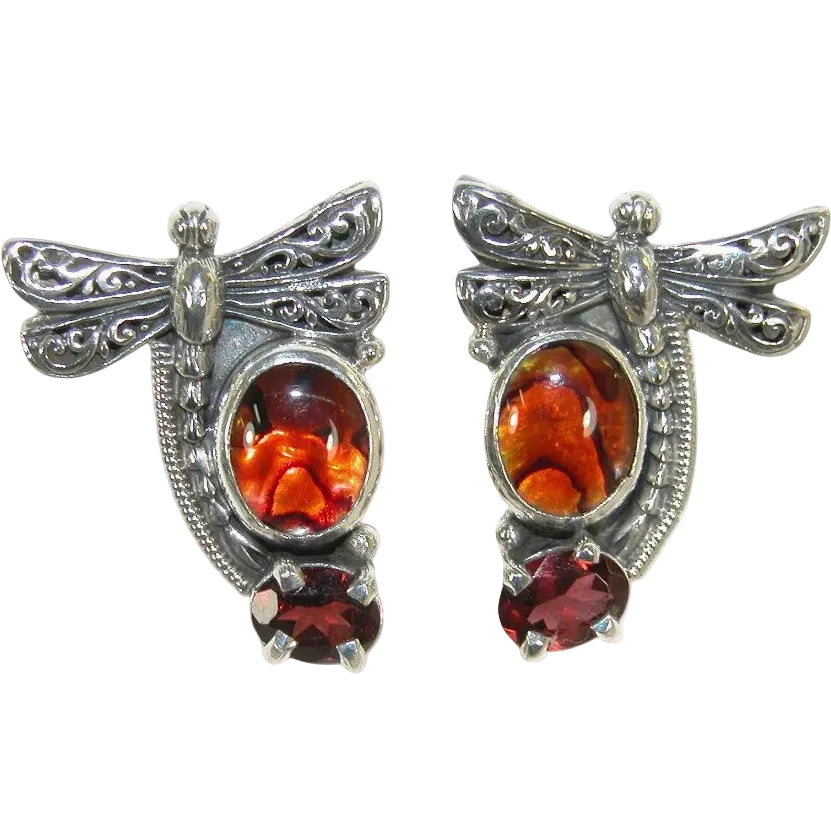 33466A Abalone, Garnet, Dragonfly Sterling Silver Earrings