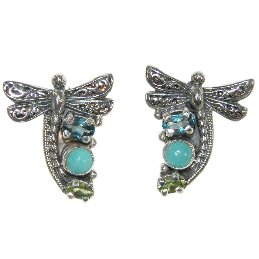 33466B Amazonite, Peridot, Blue Topaz Dragonfly Sterling Silver Earrings