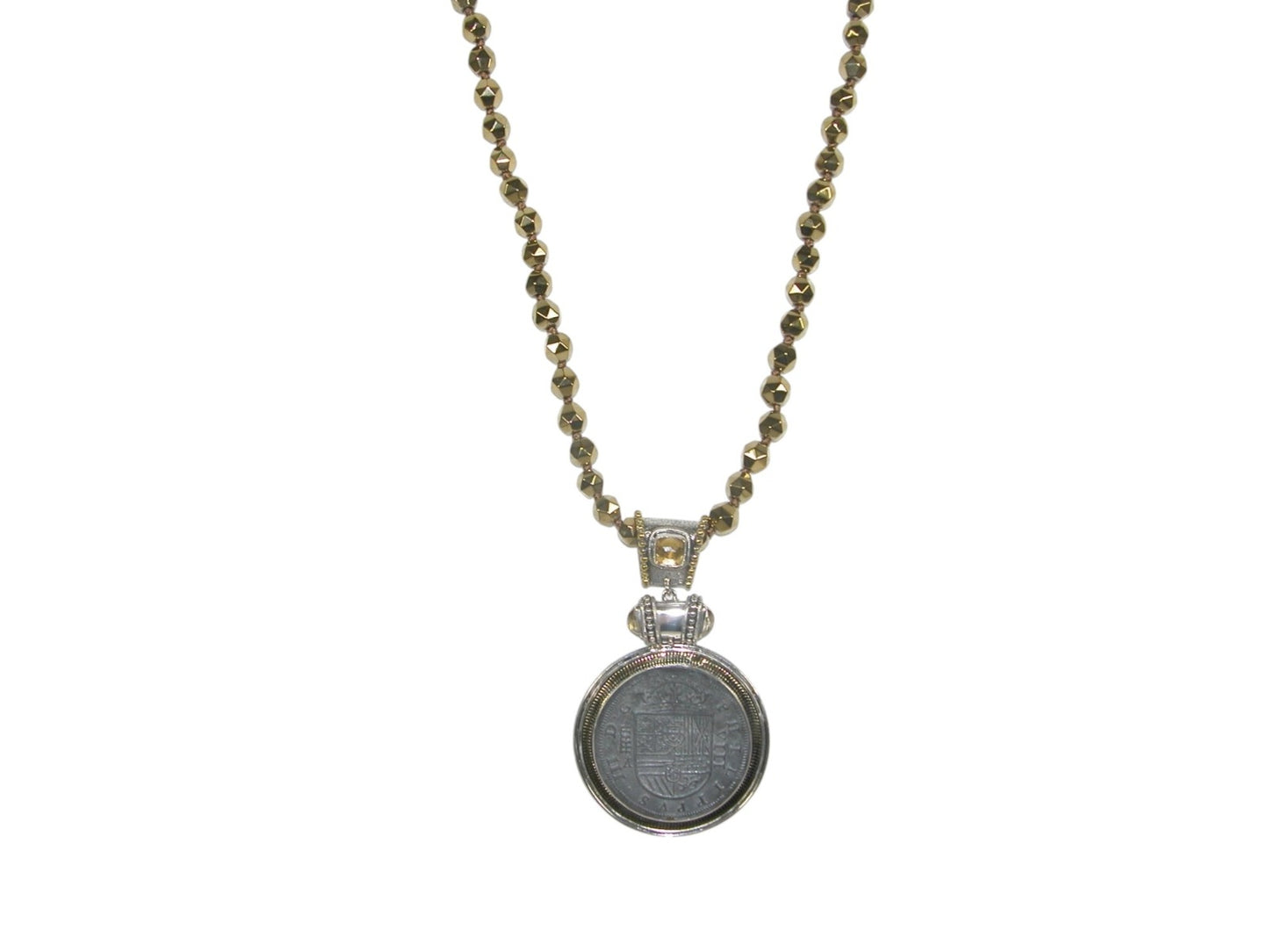 33497B Coin with Celestial Quartz and Hematite Beaded Pendant Necklace