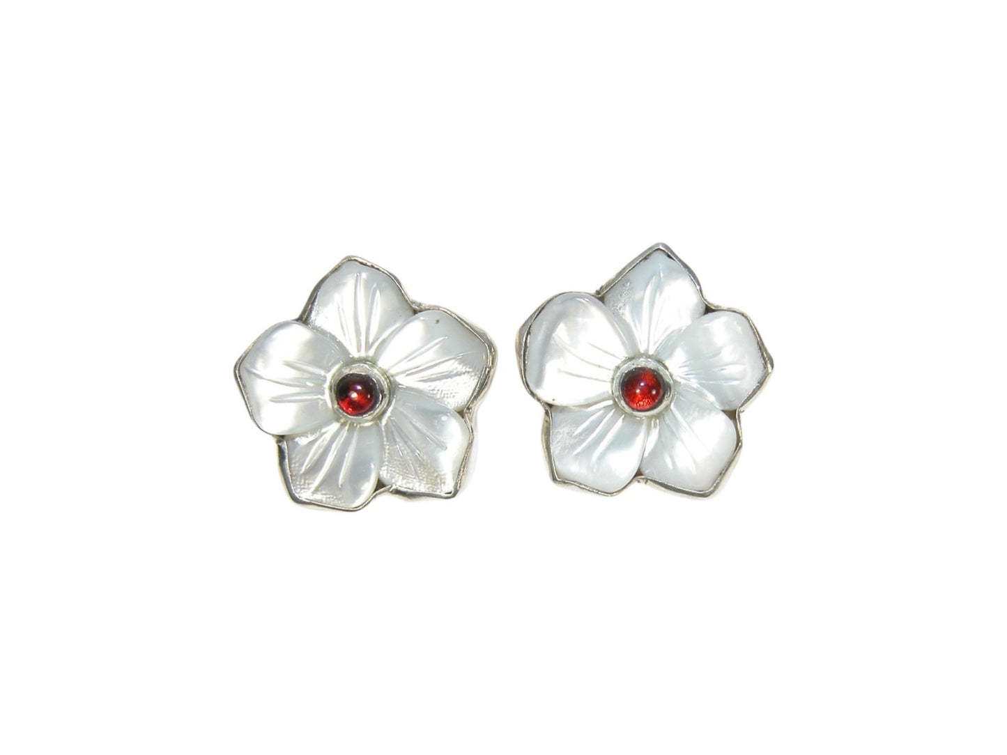 Hand Carved Mother of Pearl Flowers with Garnet Center Post Earrings