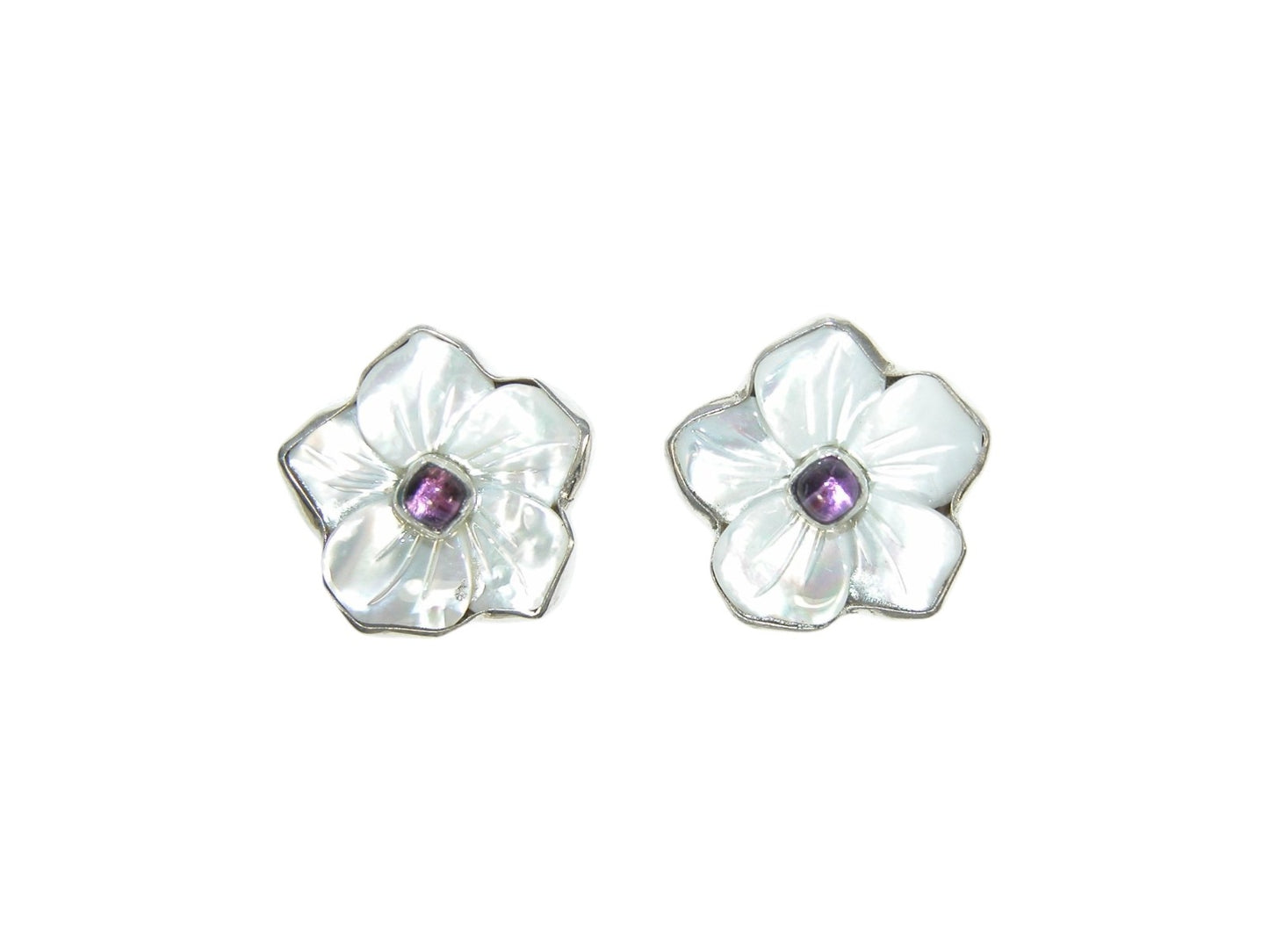33498A Carved Mother of Pearl Flowers with Amethyst Center Post Earrings