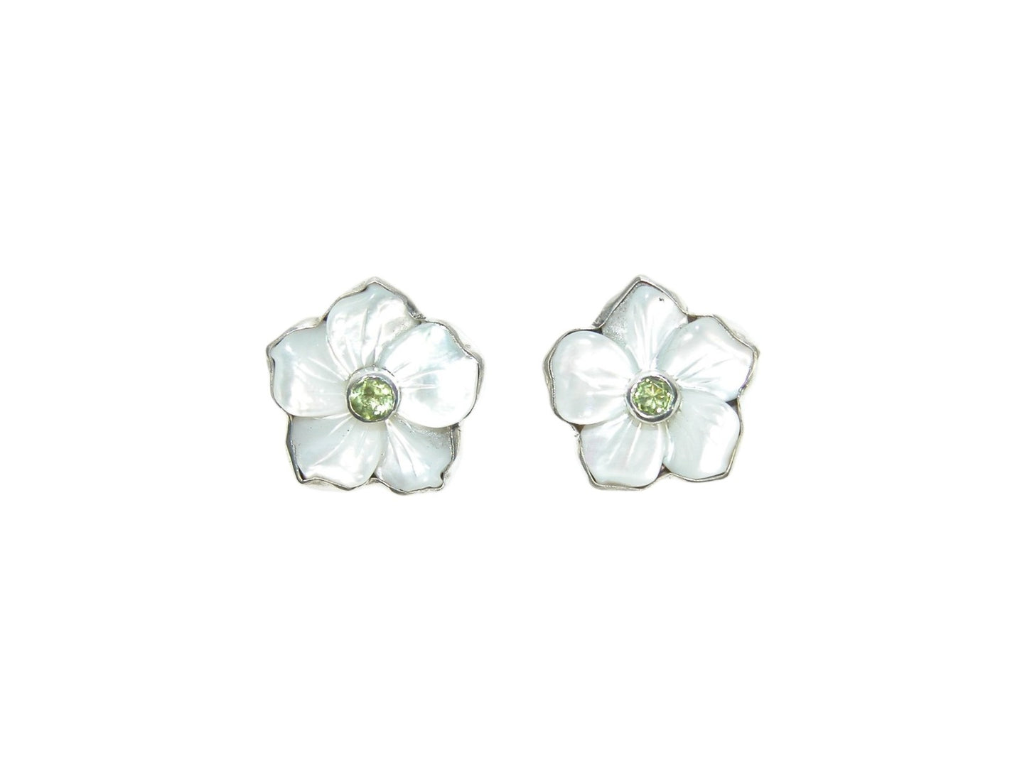 Hand Carved Mother of Pearl Flowers with Peridot Center Post Earrings