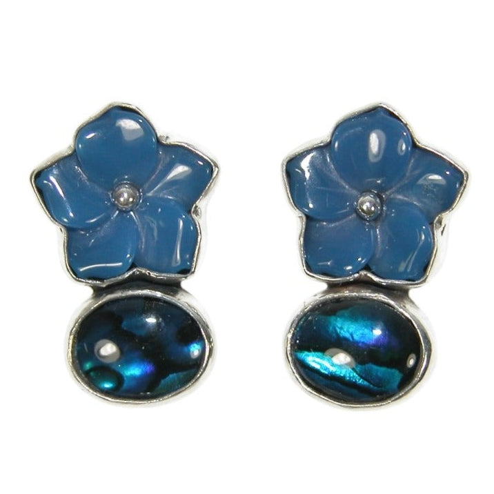 33500 Hand Carved Blue Agate Flowers with Abalone Sterling Silver Post/Clip-On Earrings