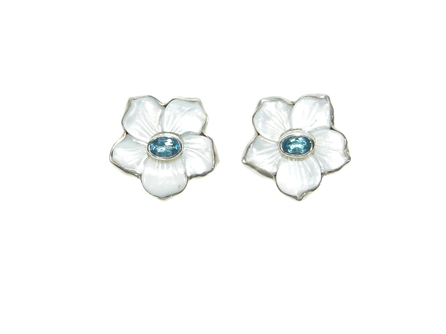Mother of Pearl Flower with Blue Topaz Center Post/Clip-On Sterling Silver Earrings