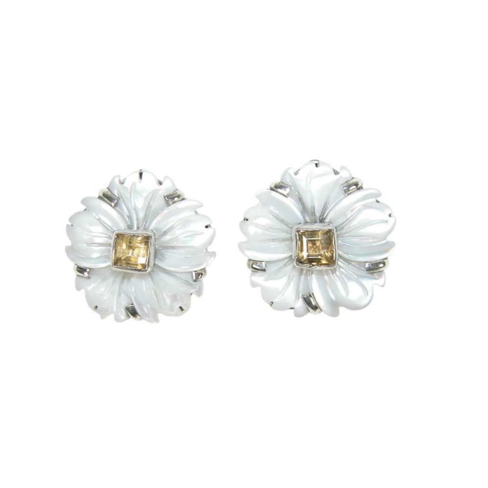 33502A Hand Carved Mother of Pearl Flower Citrine Sterling Silver Stud Earrings