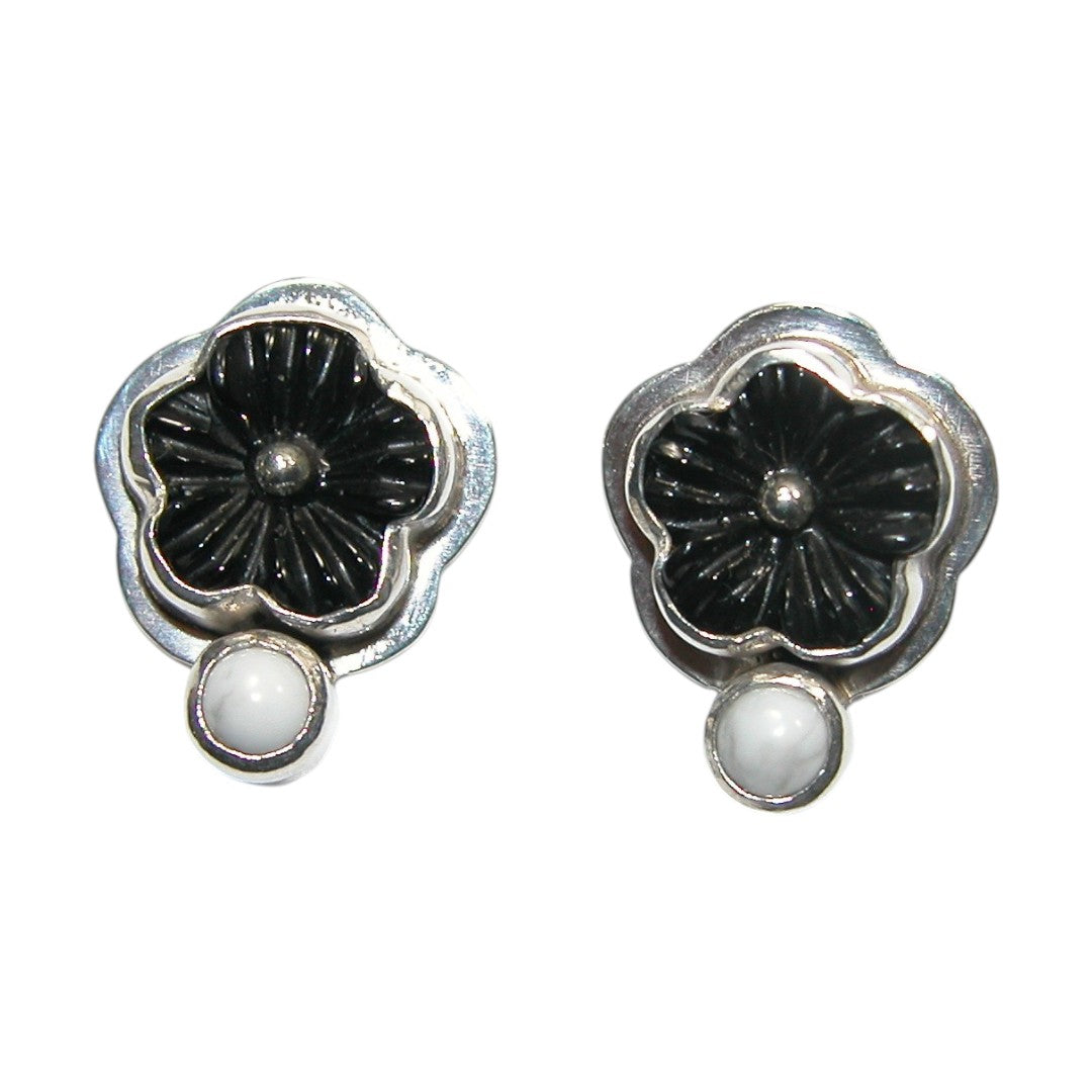 33513 Carved Black Onyx, White Calcite Sterling Silver Earrings