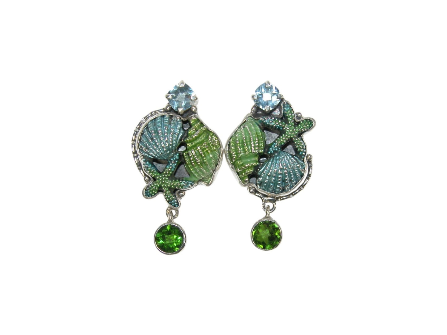 33514 Hand Enameled Sealife Cluster with Celestial Quartz Sterling Silver Post/Clip-On Earrings