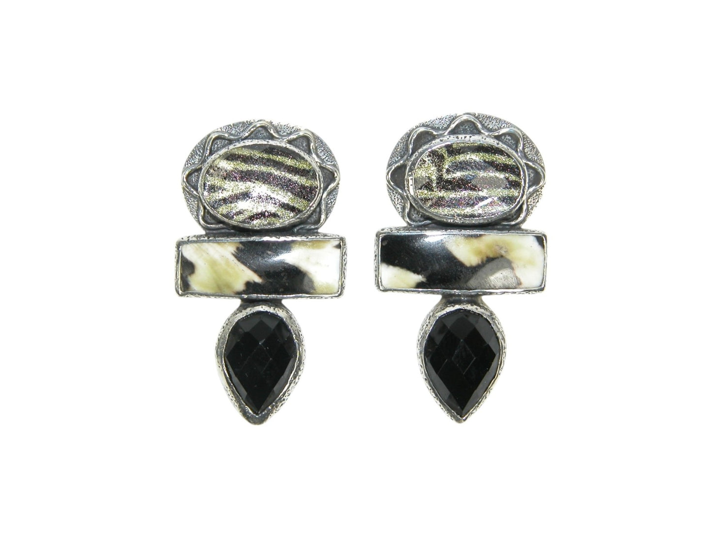 Natural Quartz Crystal with Enamel and Shell Sterling Silver Post/Clip-On Earrings
