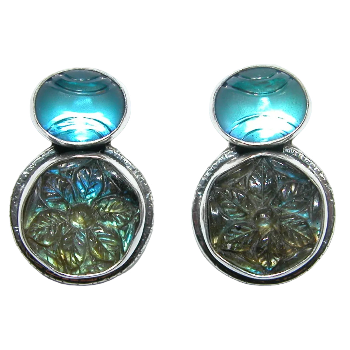 33517 Hand Carved Labradorite, Celestial Quartz Sterling Silver Earrings