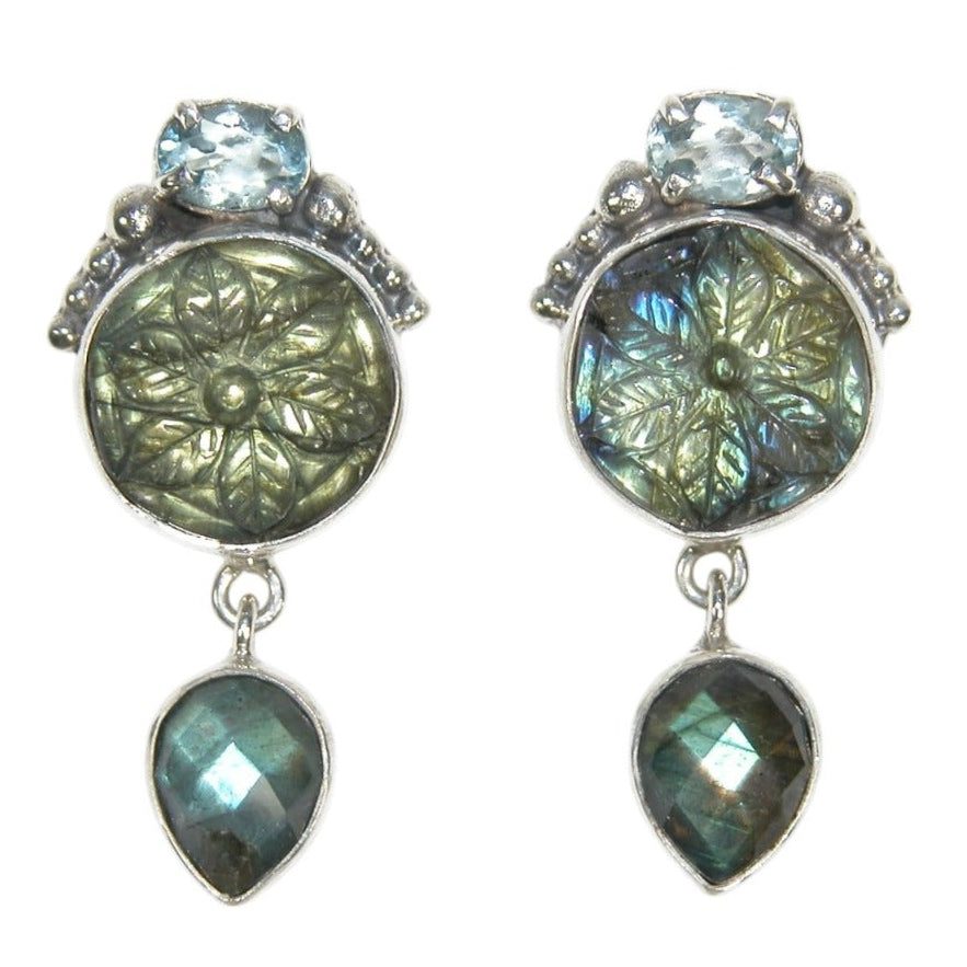 33519 Hand Carved Labradorite Flowers, Blue Topaz Sterling Silver Earrings