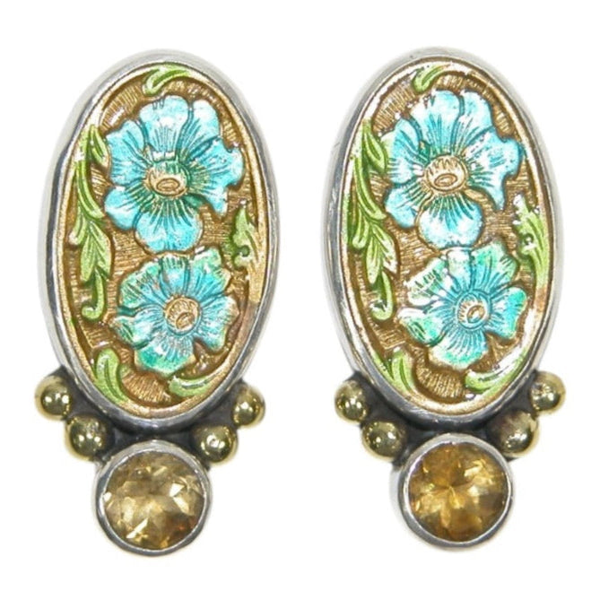 33530 Hand Enameled Teal Flowers with Citrine Sterling Silver Earrings